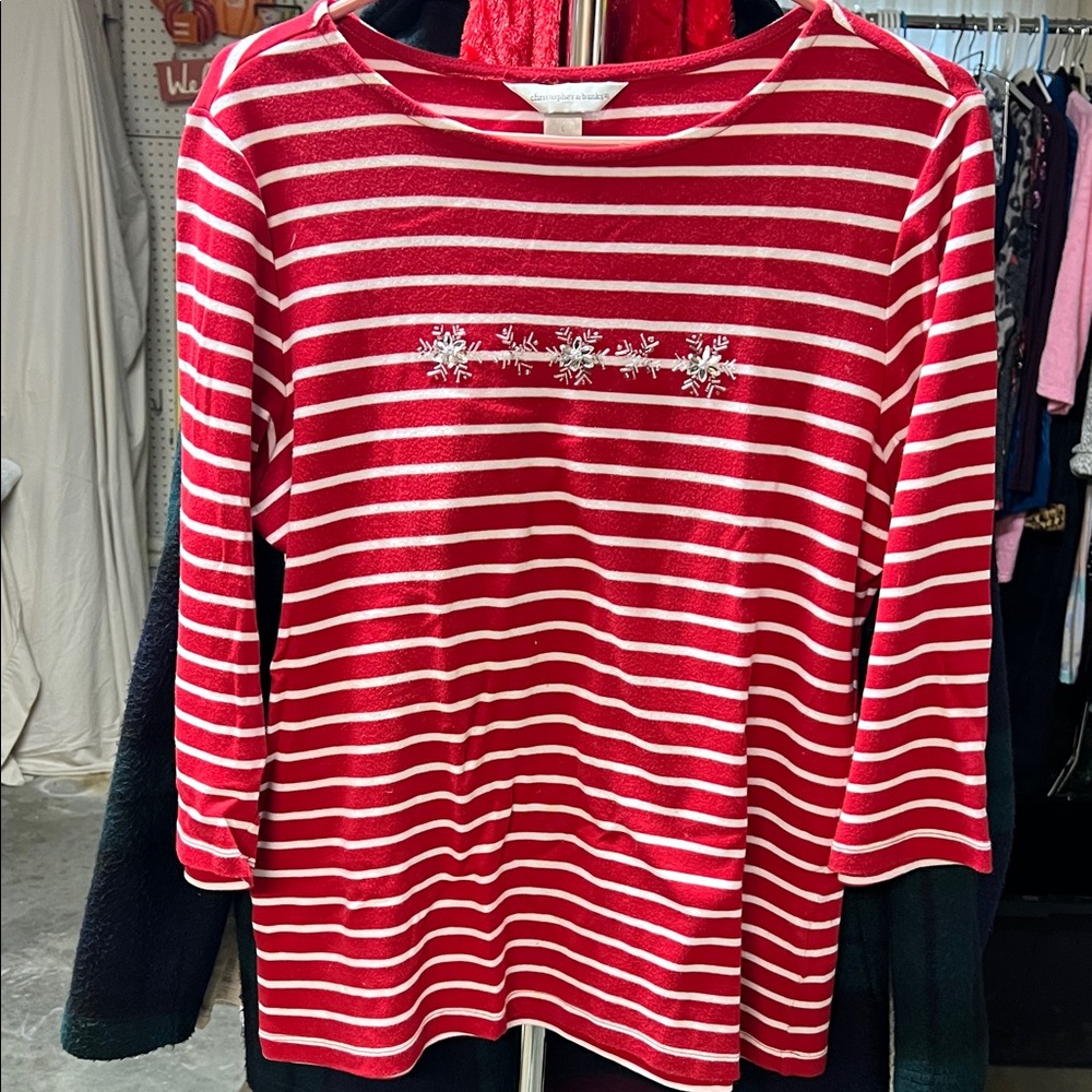 Christopher & Banks Red and White Striped 3/4 Sleeve w Snowflake Embellishments
